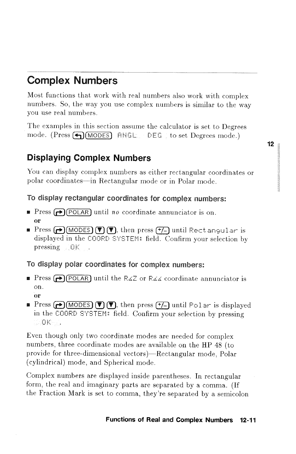 Complex numbers, To display polar coordinates for complex numbers, Complex numbers -11 | HP 48g Graphing Calculator User Manual | Page 153 / 612