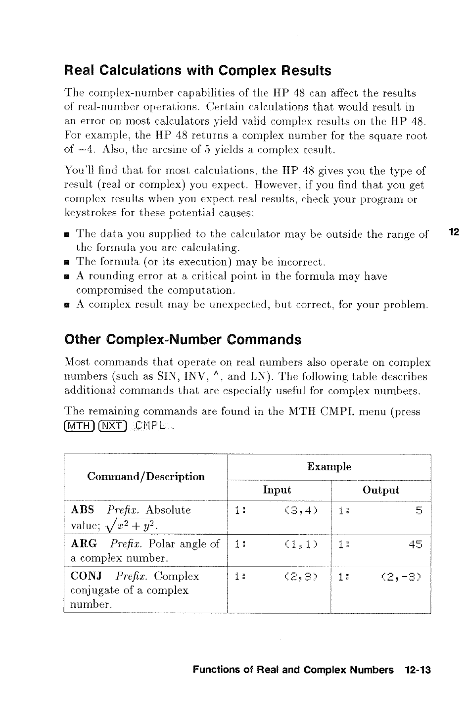 With, Real calculations, Complex results | Other complex-number commands | HP 48g Graphing Calculator User Manual | Page 155 / 612