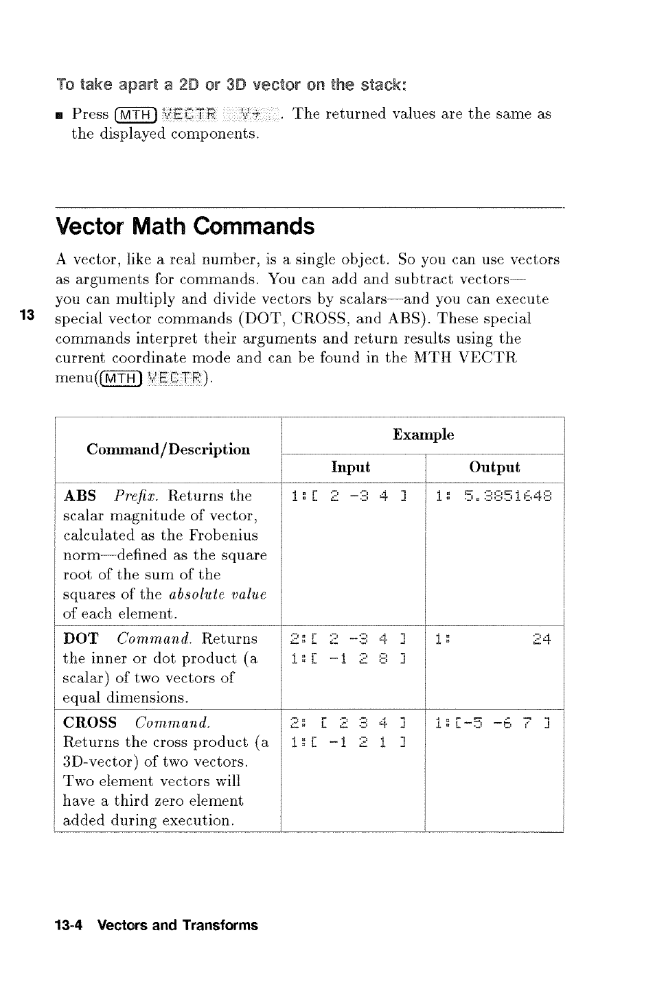 Vector math commands, Vector math commands -4 | HP 48g Graphing Calculator User Manual | Page 160 / 612