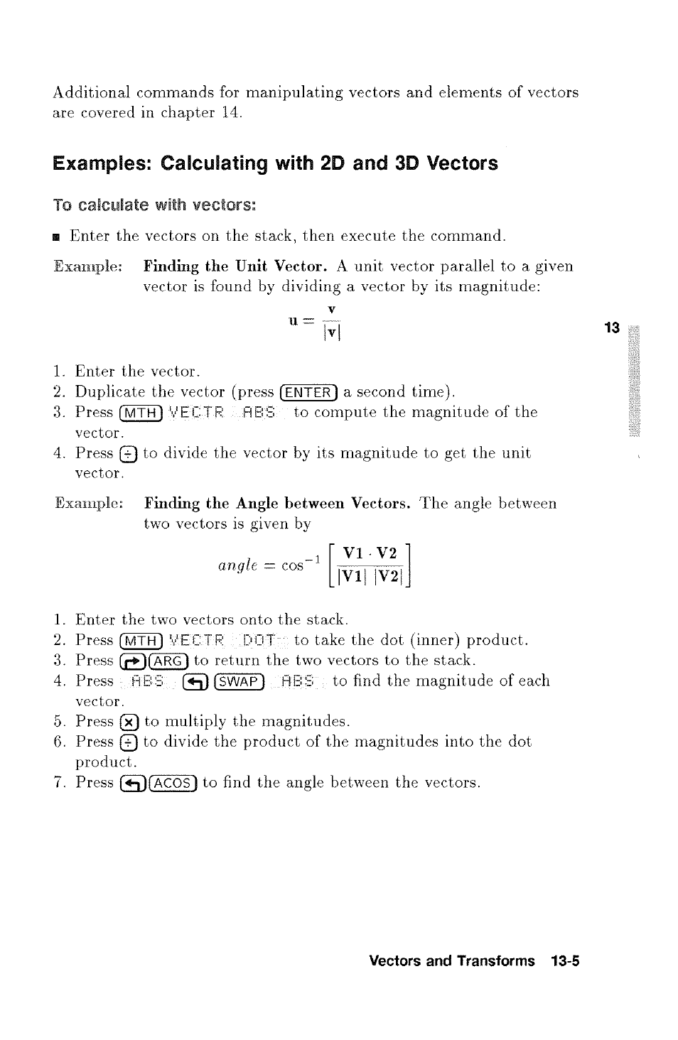 Examples: calculating with 2d and 3d vectors, To calculate with vectors | HP 48g Graphing Calculator User Manual | Page 161 / 612