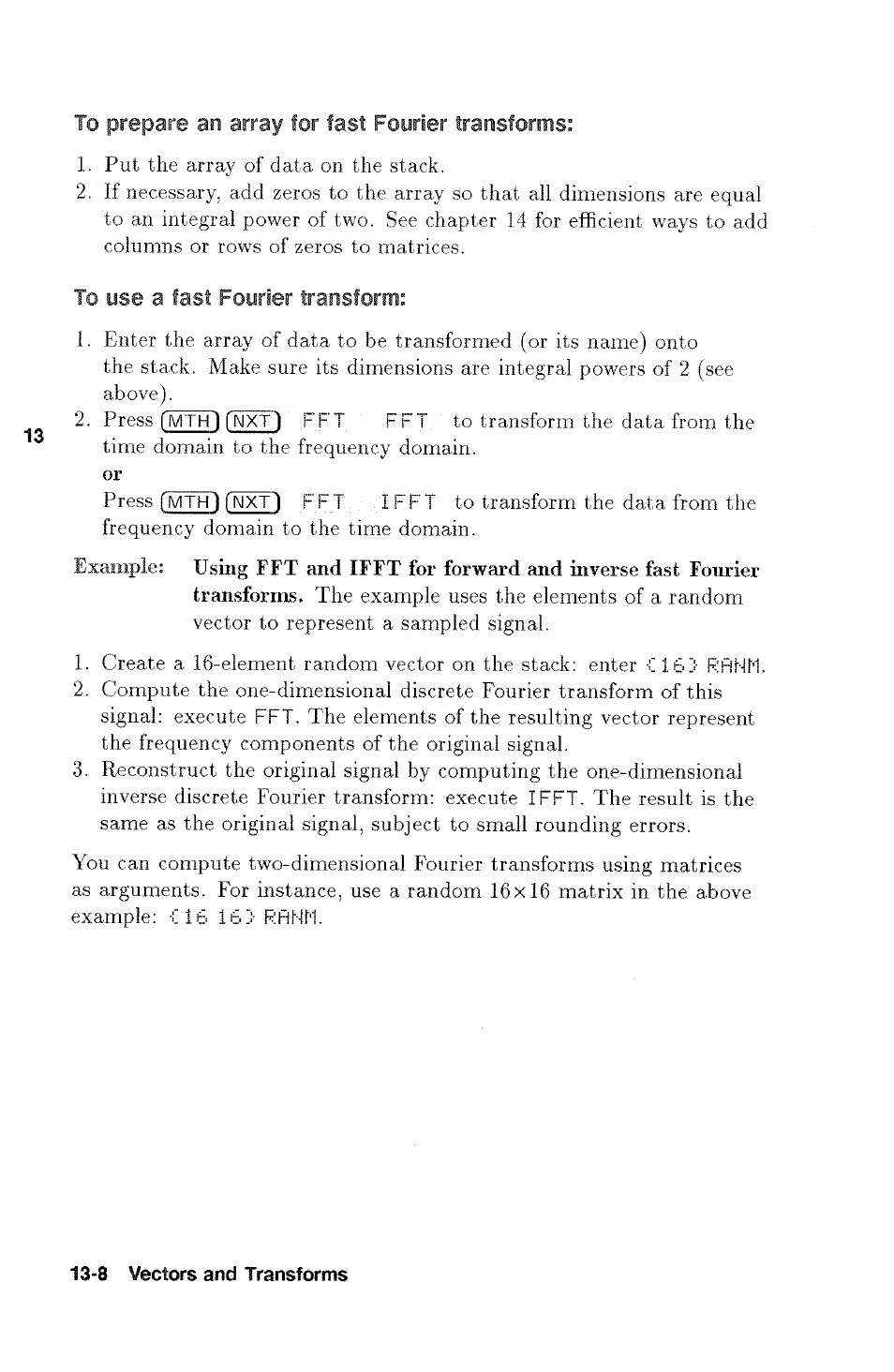 To prepare an array for fast fourier transforms, To use a fast fourier transform | HP 48g Graphing Calculator User Manual | Page 164 / 612