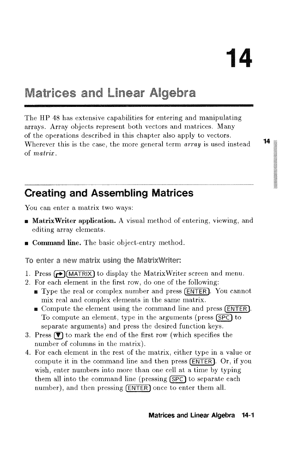 And lni#ar algeb'tj, Creating and assembling matrices, Creating and assembling matrices -1 | HP 48g Graphing Calculator User Manual | Page 165 / 612