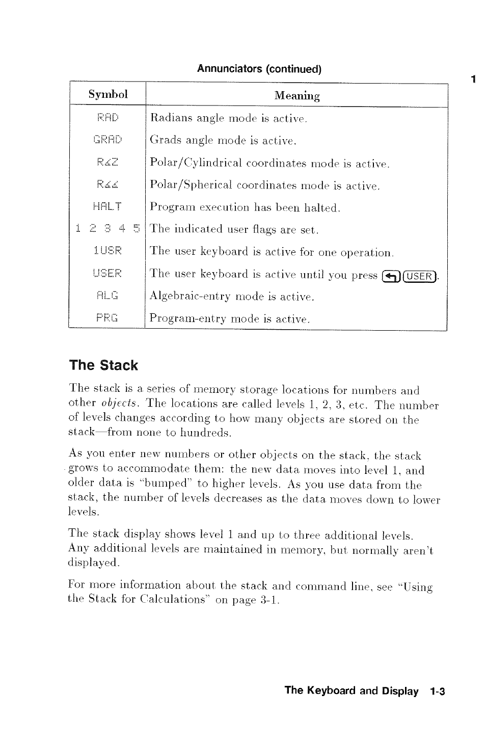 The stack, The stack -3 | HP 48g Graphing Calculator User Manual | Page 17 / 612