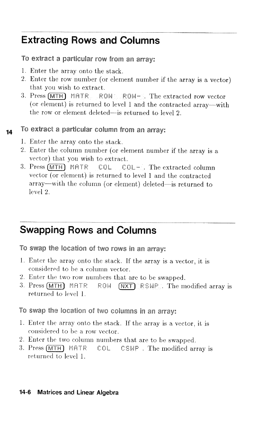 Extracting rows and columns, To extract a particular row from an array, To extract a particular column from an array | Swapping rows and columns, To swap the location of two rows in an array, To swap the location of two columns in an array, Inserting rows and columns -5 | HP 48g Graphing Calculator User Manual | Page 170 / 612