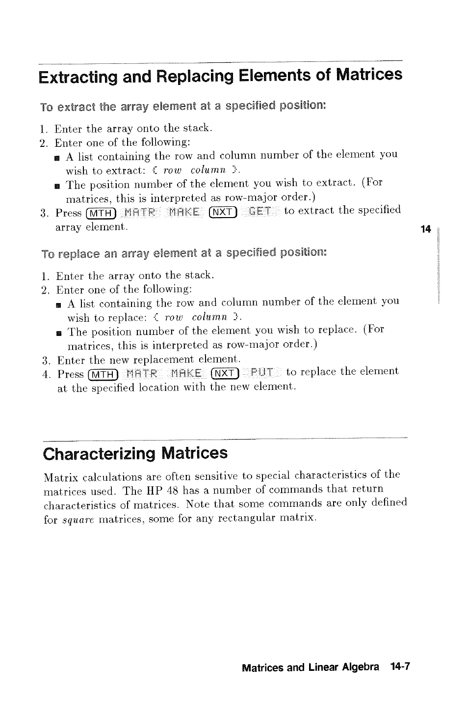 Extracting and replacing elements of matrices, Characterizing matrices, Extracting and replacing elements | Matrices | HP 48g Graphing Calculator User Manual | Page 171 / 612