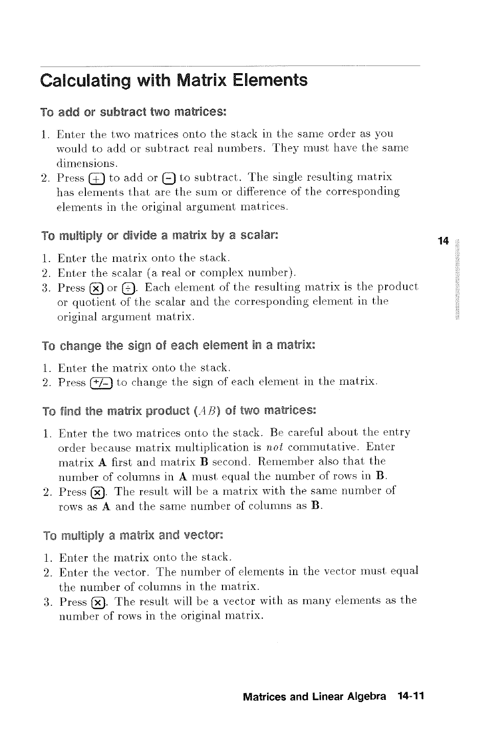 Calculating with matrix elements, To multiply a matrix and vector, Calculating with matrix elements -11 | HP 48g Graphing Calculator User Manual | Page 175 / 612