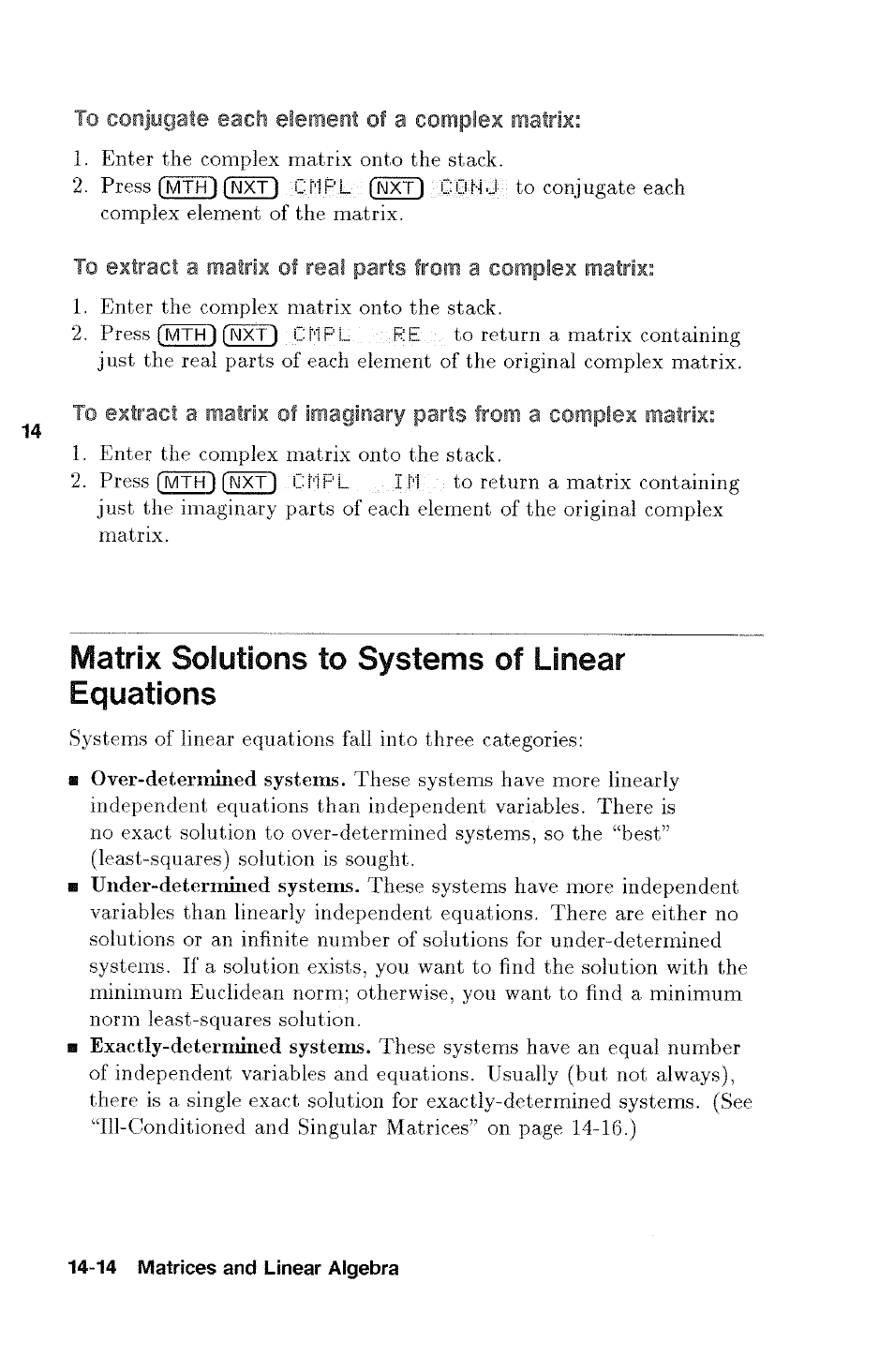 Matrix solutions to systems of linear equations, Matrix solutions to systems of linear ec|uations, Matrix solutions to systems | Linear equations | HP 48g Graphing Calculator User Manual | Page 178 / 612