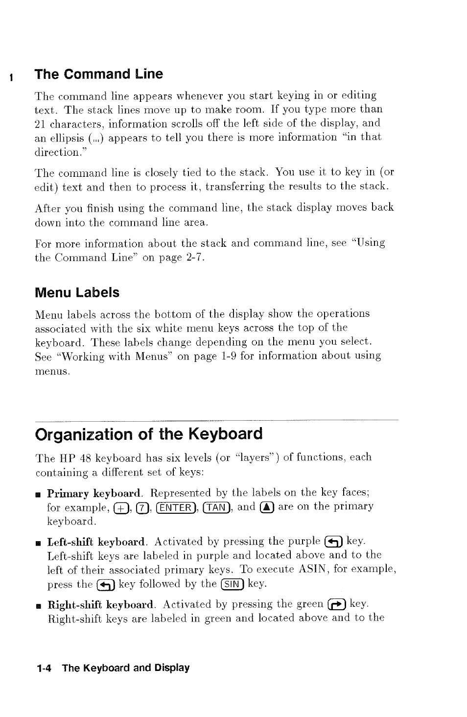 Organization of the keyboard, Organization of the keyboard -4, The command line | Menu labels | HP 48g Graphing Calculator User Manual | Page 18 / 612