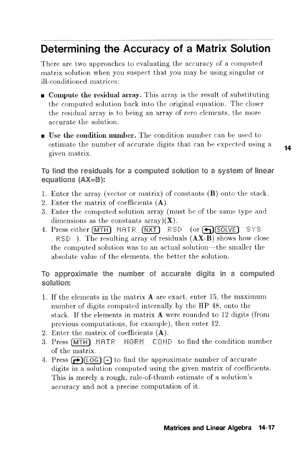 Determining the accuracy of a matrix solution | HP 48g Graphing Calculator User Manual | Page 181 / 612