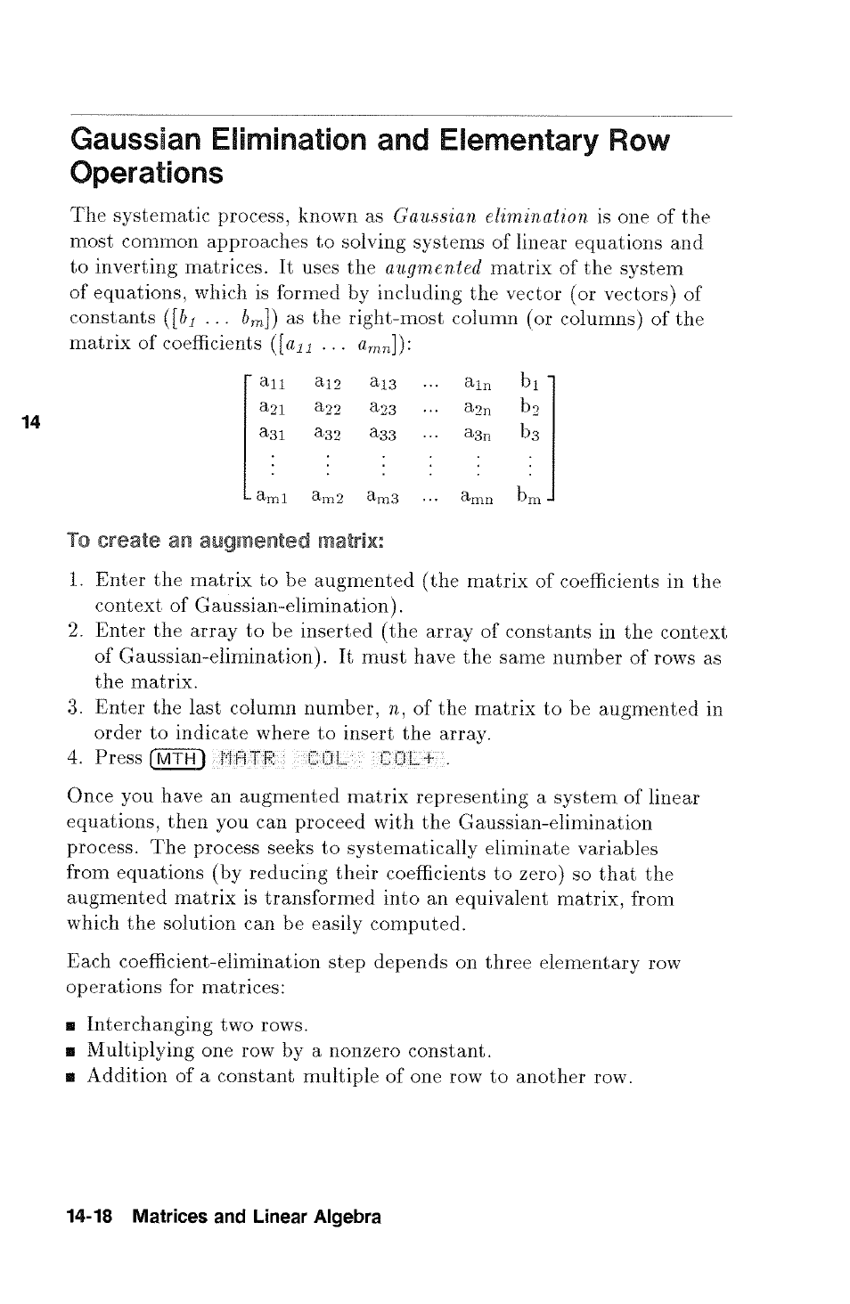 Gaussian elimination and elementary row operations, To create an augmented matrix | HP 48g Graphing Calculator User Manual | Page 182 / 612