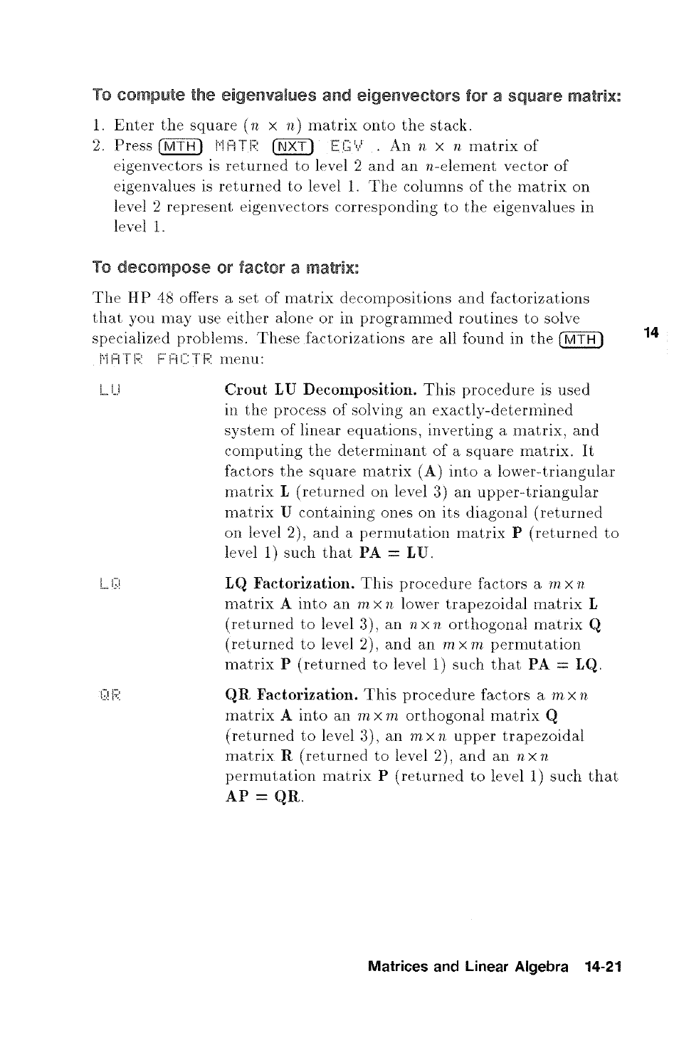 To decompose or factor a matrix | HP 48g Graphing Calculator User Manual | Page 185 / 612