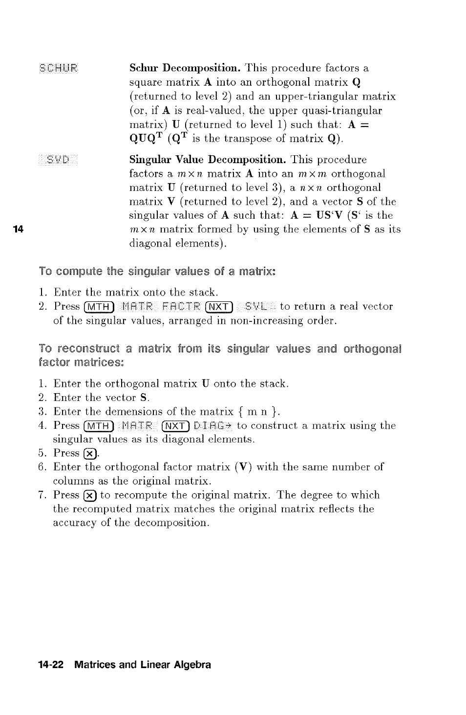 To compute the singular values of a matrix, Matrix from its singular values and orthogonal, Its singular values and orthogonal | HP 48g Graphing Calculator User Manual | Page 186 / 612