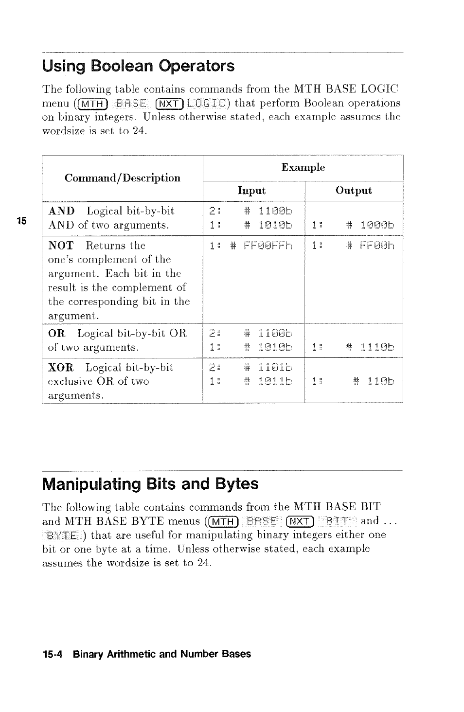 Using boolean operators, Manipulating bits and bytes | HP 48g Graphing Calculator User Manual | Page 190 / 612