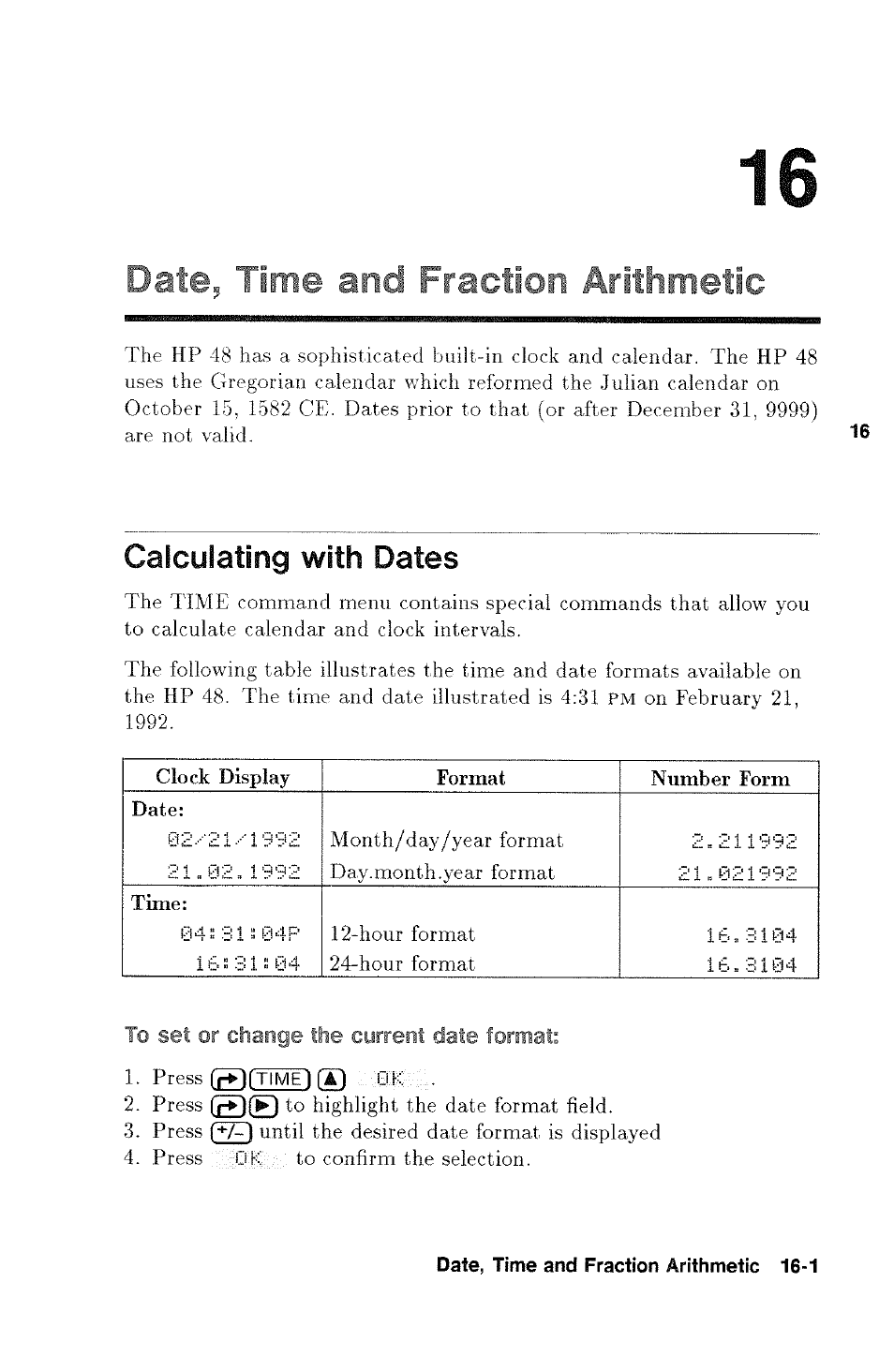 Date, time and fiactian aritlimetic, Calculating with dates, Calculating with times -3 | HP 48g Graphing Calculator User Manual | Page 193 / 612