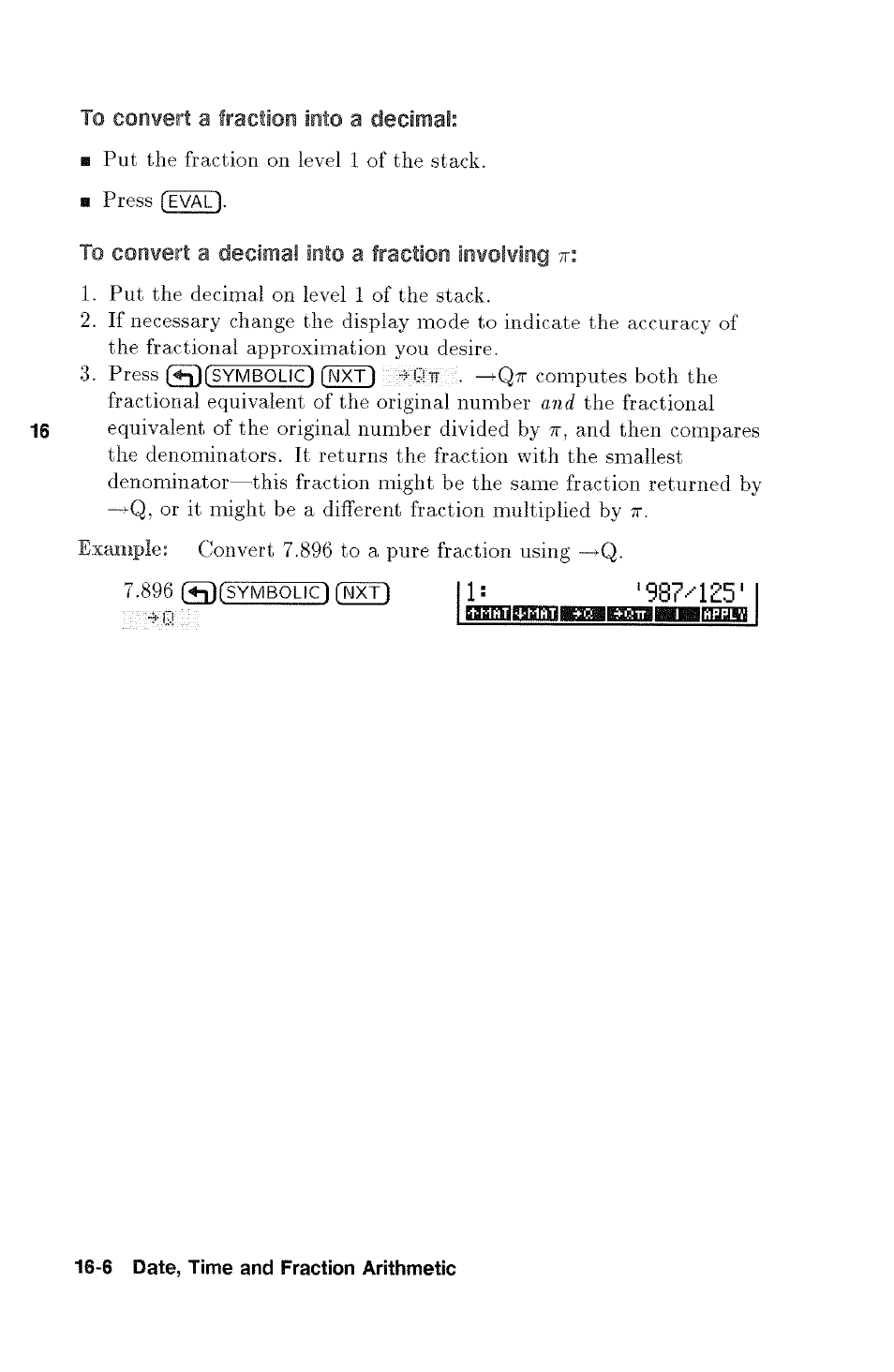 To convert a fraction into a decimal, To convert a decimal into a fraction involving tt, I eval j | HP 48g Graphing Calculator User Manual | Page 198 / 612