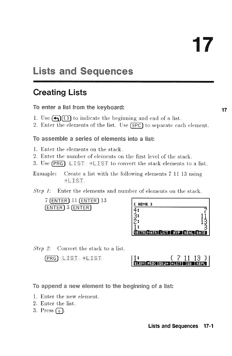 Lists and sequences, Creating lists, L3iji5iba;eiivfa!iiinigi№niii3cti | HP 48g Graphing Calculator User Manual | Page 199 / 612