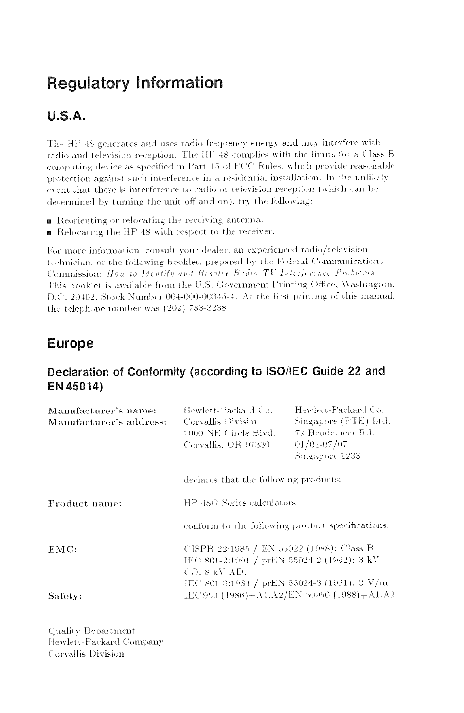 Regulatory information, U.s.a, Europe | M a nil fac t iir e г ‘ s, A n i e?: m n ii fac t u, Safety | HP 48g Graphing Calculator User Manual | Page 2 / 612