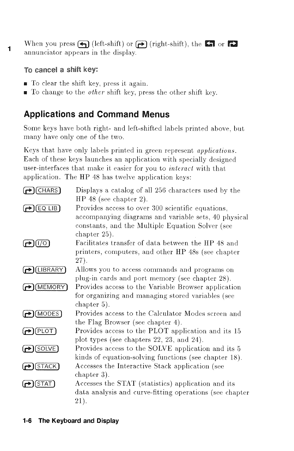 To cancel a shift key, Acelh), Applications and command menus | HP 48g Graphing Calculator User Manual | Page 20 / 612