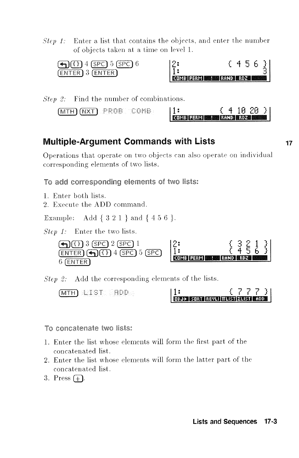 Multiple-argument commands with lists, To add corresponding elements of two lists, To concatenate two lists | Multiple-argument commands with lists -3 | HP 48g Graphing Calculator User Manual | Page 201 / 612