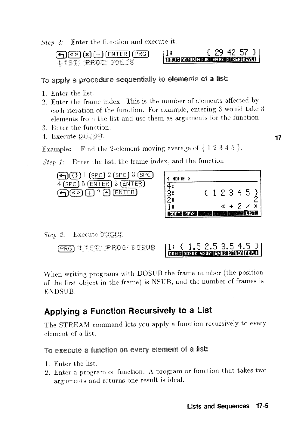 Raiiiiiaiaiii!iiiai;mii3ii3triaihiiij|jvii?tam, Applying a function recursively to a list, To execute a function on every element of a list | Applying a function recursively to a list -5, Sku) 1 ded 2 ded 3 ded, C 1 z 3 4 5 | HP 48g Graphing Calculator User Manual | Page 203 / 612