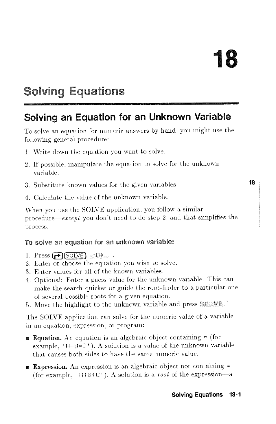 Solving an equation for an unknown variable, Solving equations | HP 48g Graphing Calculator User Manual | Page 207 / 612