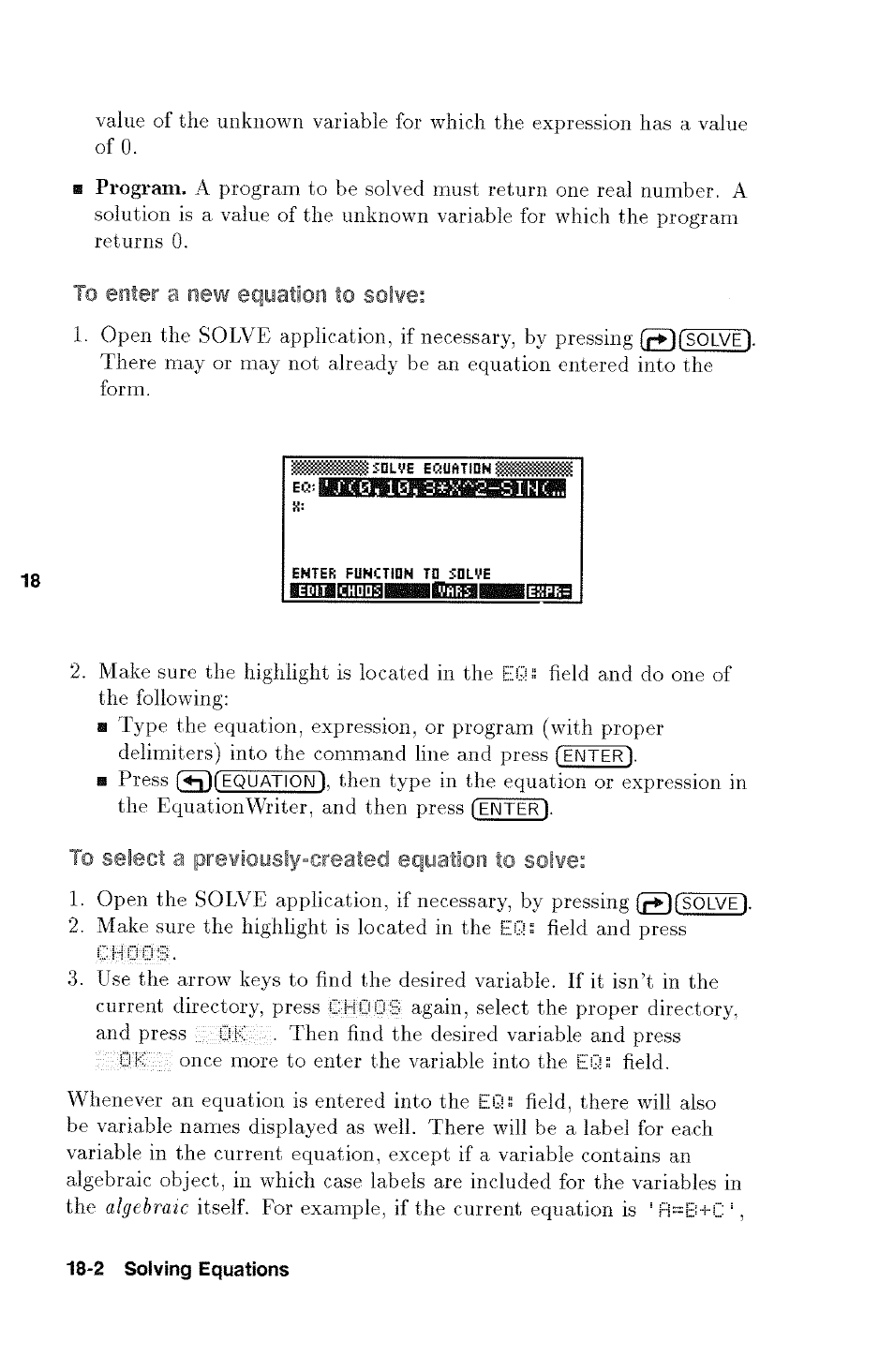 To enter a new equation to solve, To select a previously-created equation to solve | HP 48g Graphing Calculator User Manual | Page 208 / 612