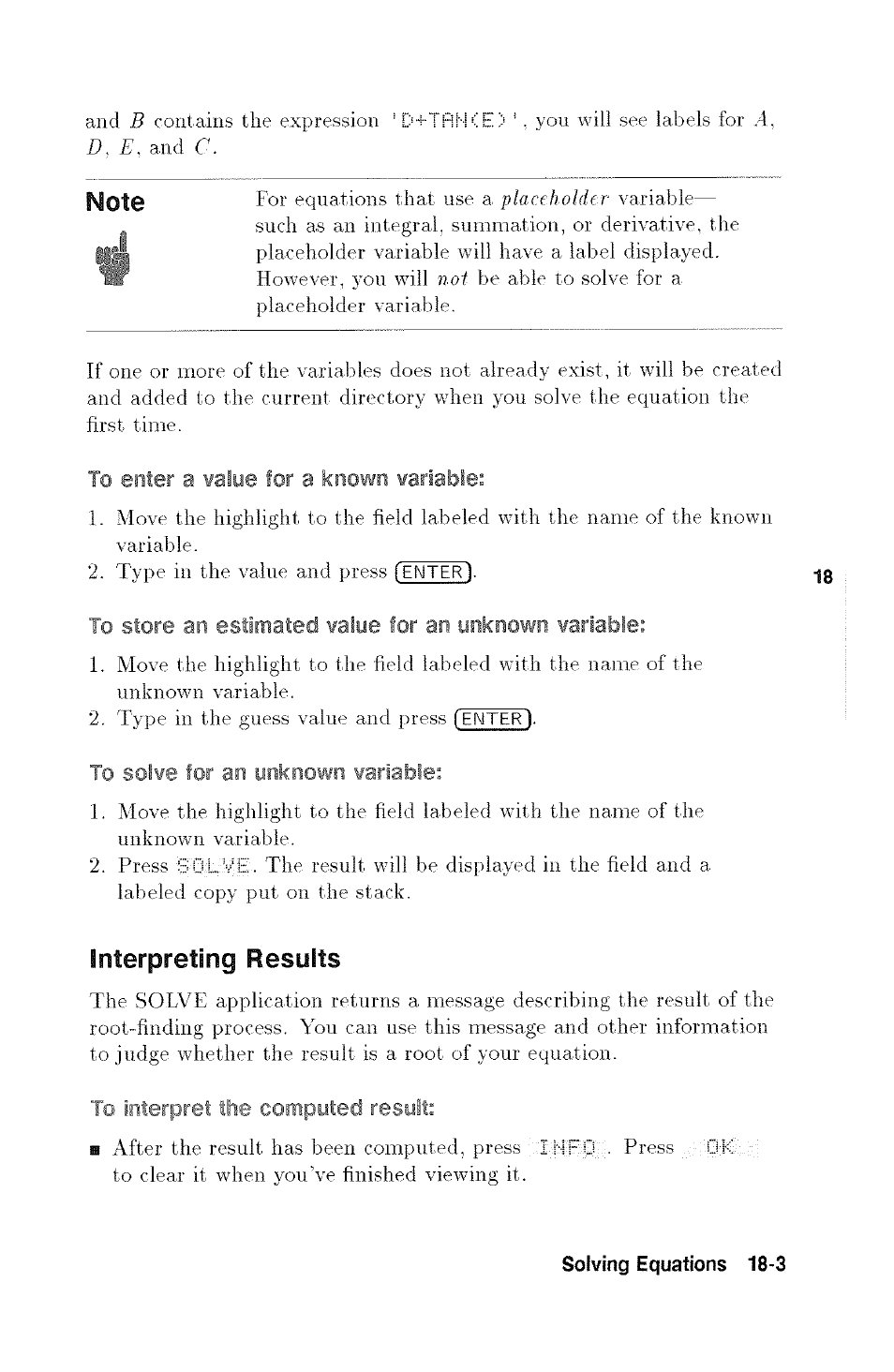 To enter a value for a known variable, To solve for an unknown variable, Interpreting results | To interpret the comput ilt, Interpreting results -3 | HP 48g Graphing Calculator User Manual | Page 209 / 612