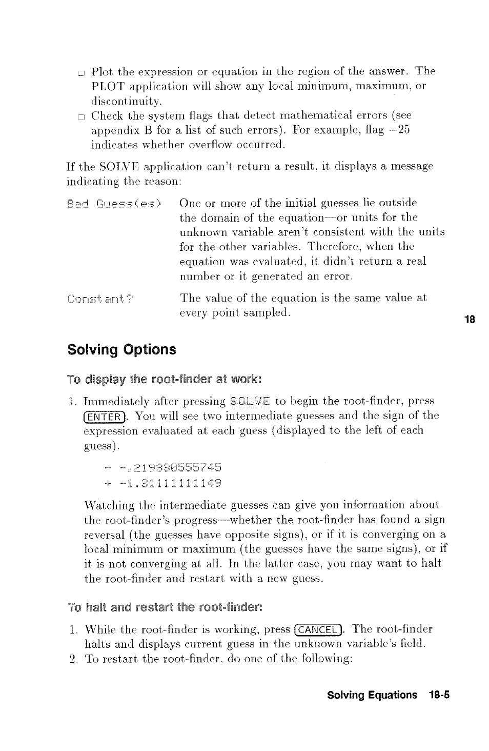 Solving options, To display the root-finder at work, To halt and restart the root-finder | Solving options -5 | HP 48g Graphing Calculator User Manual | Page 211 / 612