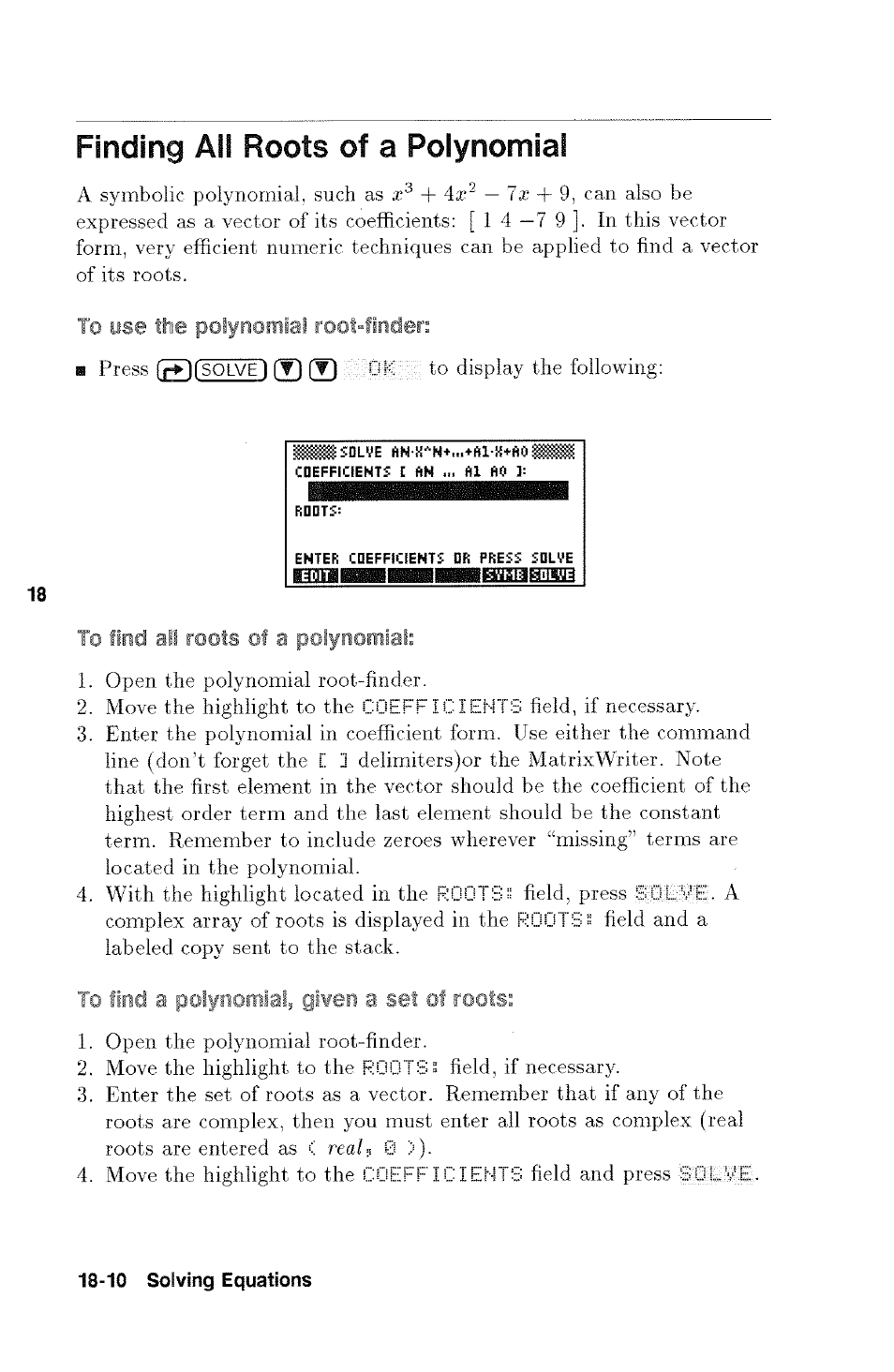 Finding all roots of a polynomial, Ifaiibiimiiiiiiiiibimiiaysiahnto, Finding all roots of a polynomial -10 | HP 48g Graphing Calculator User Manual | Page 216 / 612