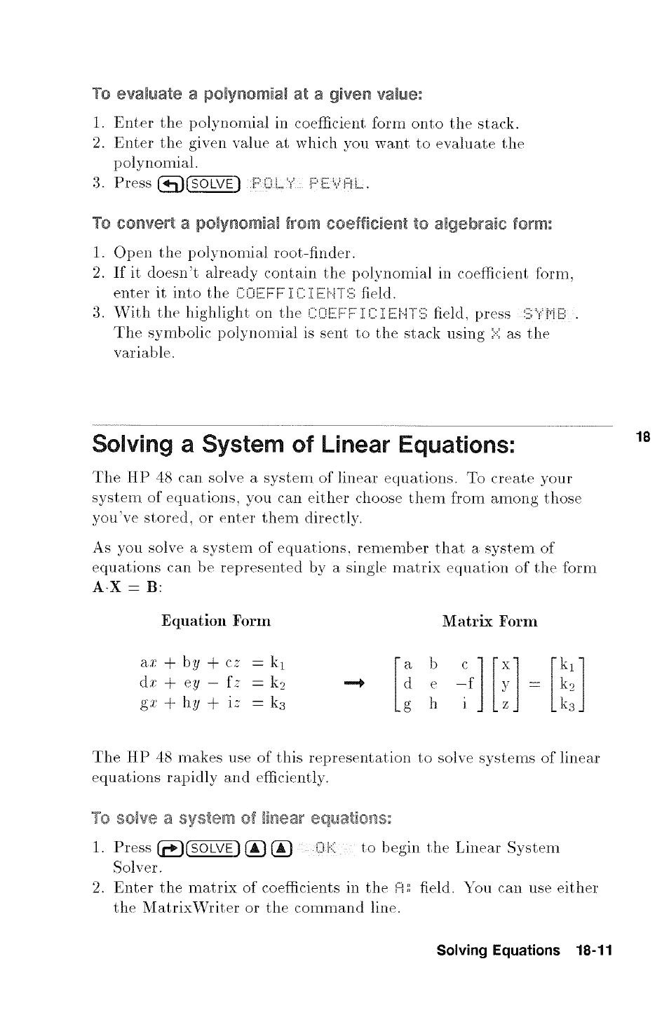 Solving a system of linear equations, Solving a system of linear equations: -11 | HP 48g Graphing Calculator User Manual | Page 217 / 612