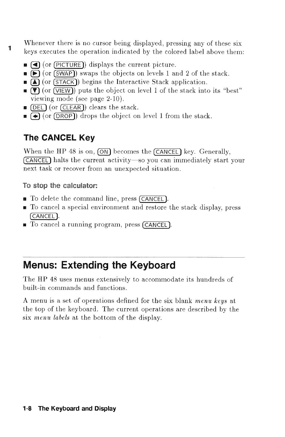 The cancel key, Menus: extending the keyboard, The cancel key -8 | Menus; extending the keyboard -8, Calculator | HP 48g Graphing Calculator User Manual | Page 22 / 612