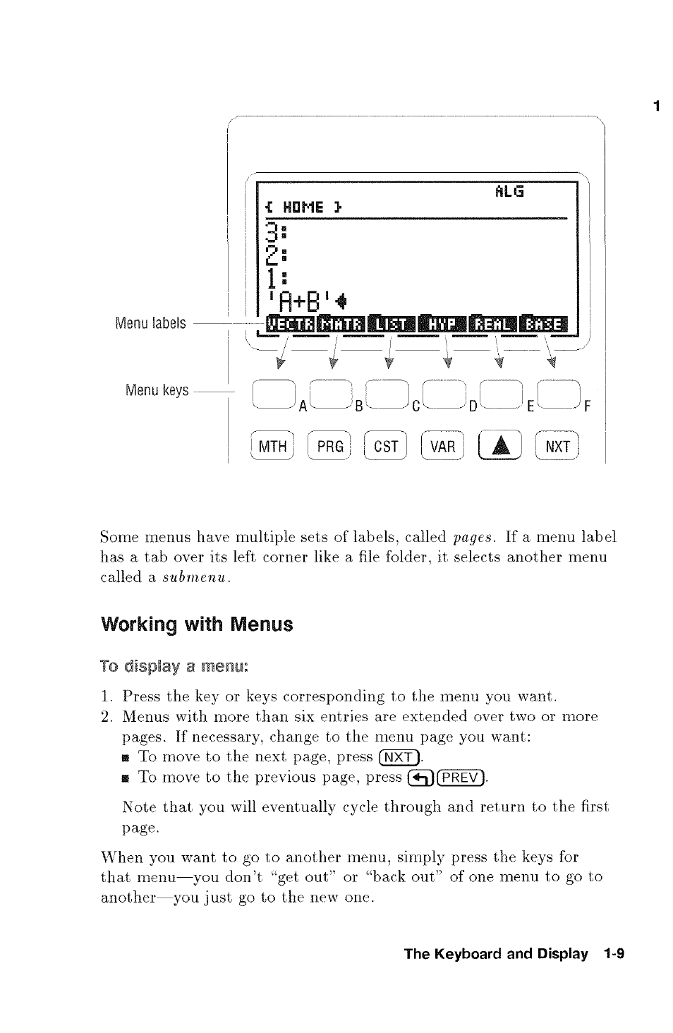 Working with menus, To display a menu, Working with menus -9 | Г. . . . . . . . . . j г, Labels, F l + b ' 4, Fcst | HP 48g Graphing Calculator User Manual | Page 23 / 612