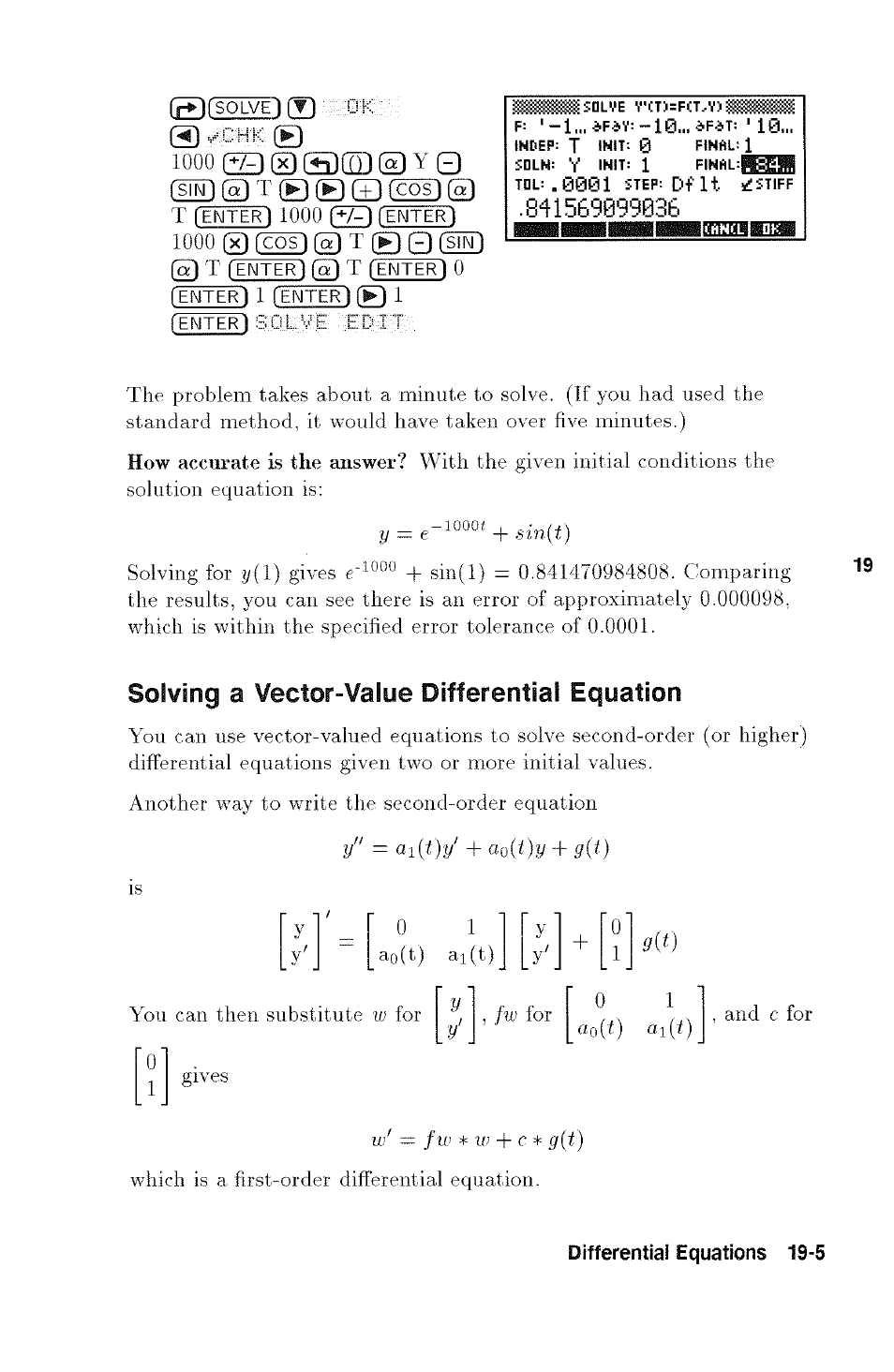 T (enter), Enter), Enter)1 (enter) | Solving a vector-value differential equation | HP 48g Graphing Calculator User Manual | Page 231 / 612
