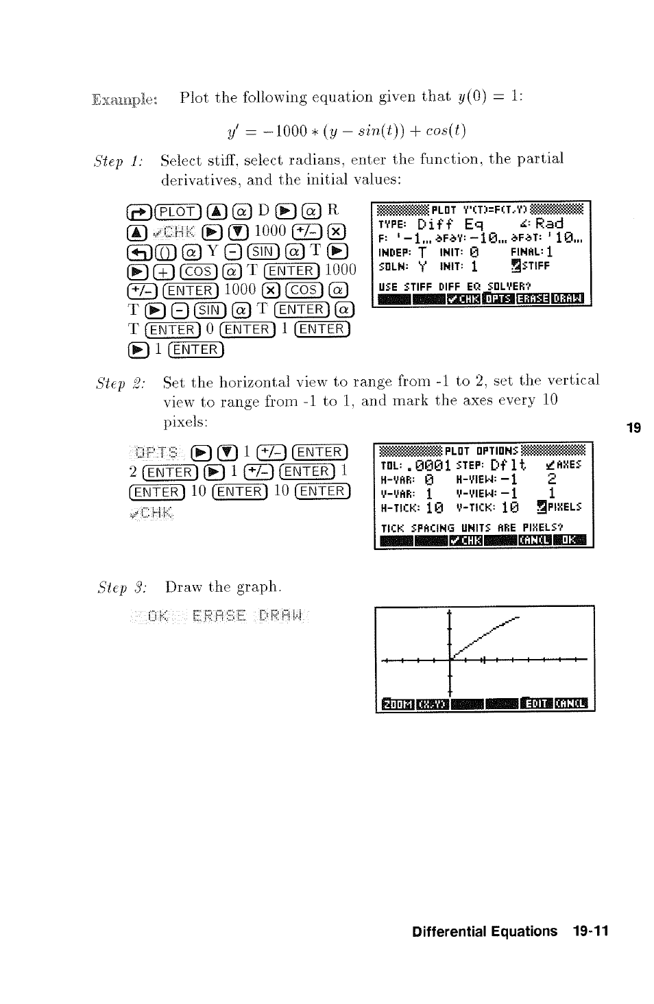 Plot the following equation given that y(0) = 1: y, Cos), And mark the axes every | Pixels, Gpixels, Step 3: draw the graph | HP 48g Graphing Calculator User Manual | Page 237 / 612