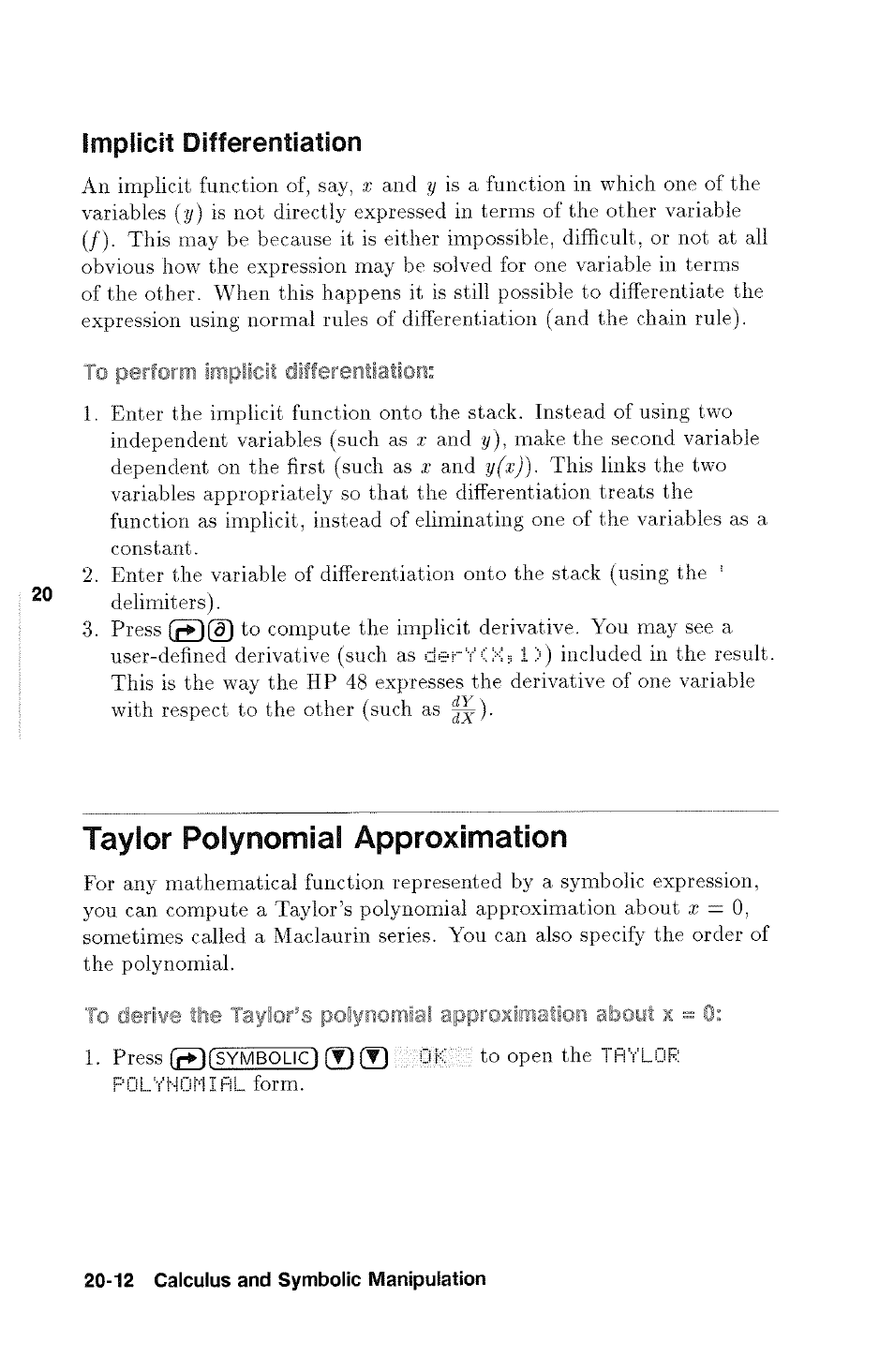 Taylor polynomial approximation, Taylor polynomial approximation -12, Implicit differentiation | HP 48g Graphing Calculator User Manual | Page 252 / 612