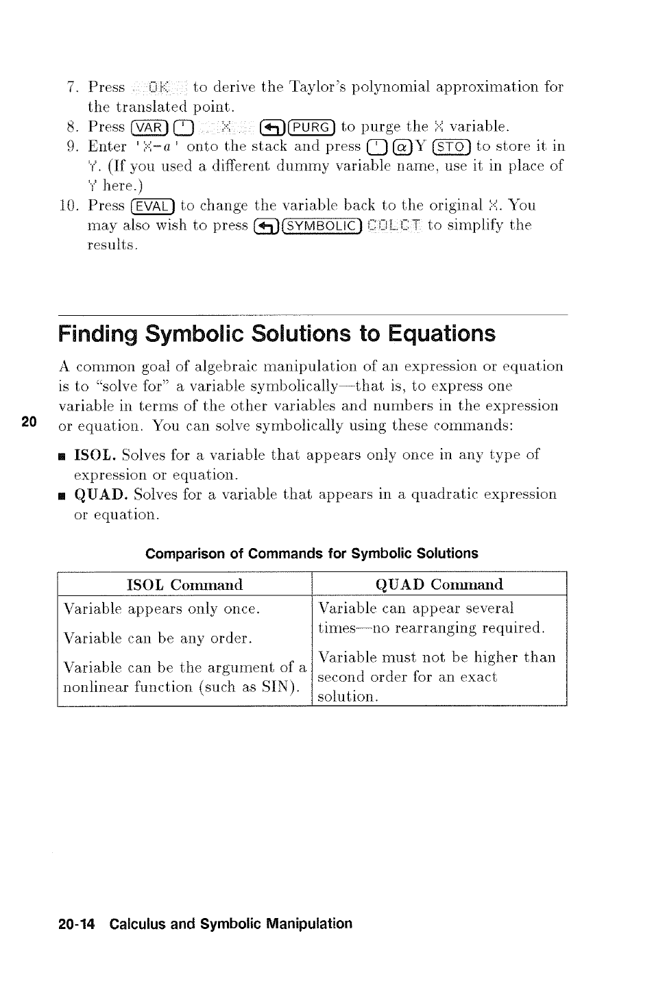 Finding symbolic solutions to equations, Finding symbolic solutions to equations -14, 20 finding symbolic solutions to equations | HP 48g Graphing Calculator User Manual | Page 254 / 612