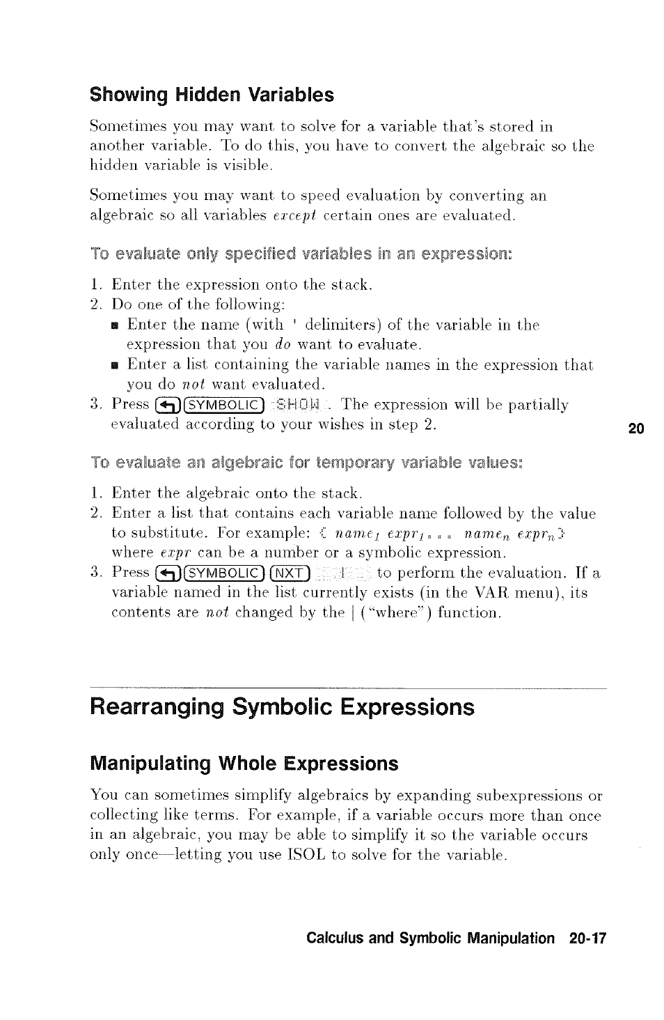 Rearranging symbolic expressions, Rearranging symbolic expressions -17, 20 rearranging symbolic expressions | Showing hidden variables, Manipulating whole expressions | HP 48g Graphing Calculator User Manual | Page 257 / 612