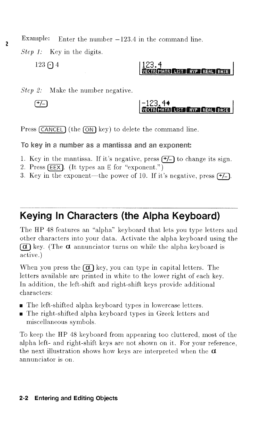 Keying in characters (the alpha keyboard), Keying in characters (the alpha keyboard) -2 | HP 48g Graphing Calculator User Manual | Page 26 / 612