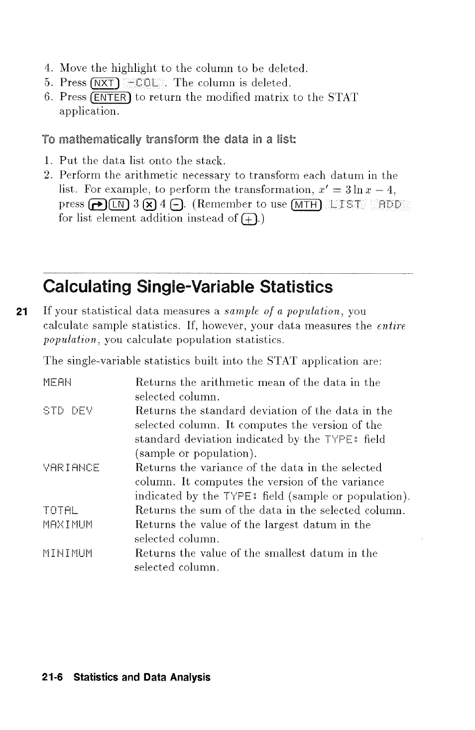 To mathematically transform the data in a list, Calculating single-variable statistics, Calculating single-variable statistics -6 | The data in a list | HP 48g Graphing Calculator User Manual | Page 278 / 612