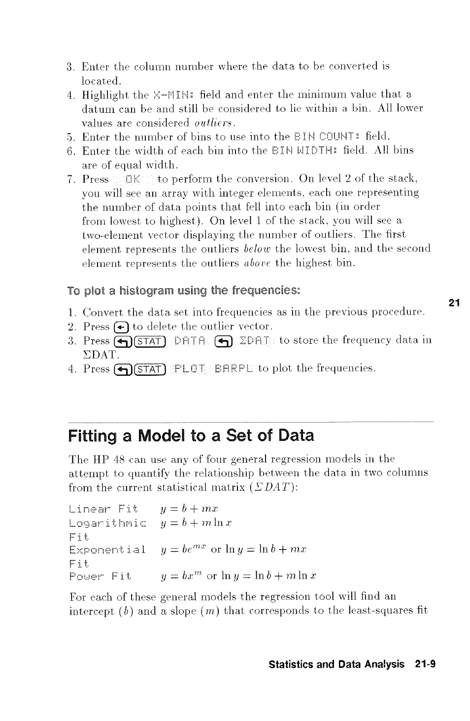 To plot a histogram using the frequencies, Fitting a model to a set of data, Fitting a model to a set of data -9 | A histogram using the | HP 48g Graphing Calculator User Manual | Page 281 / 612