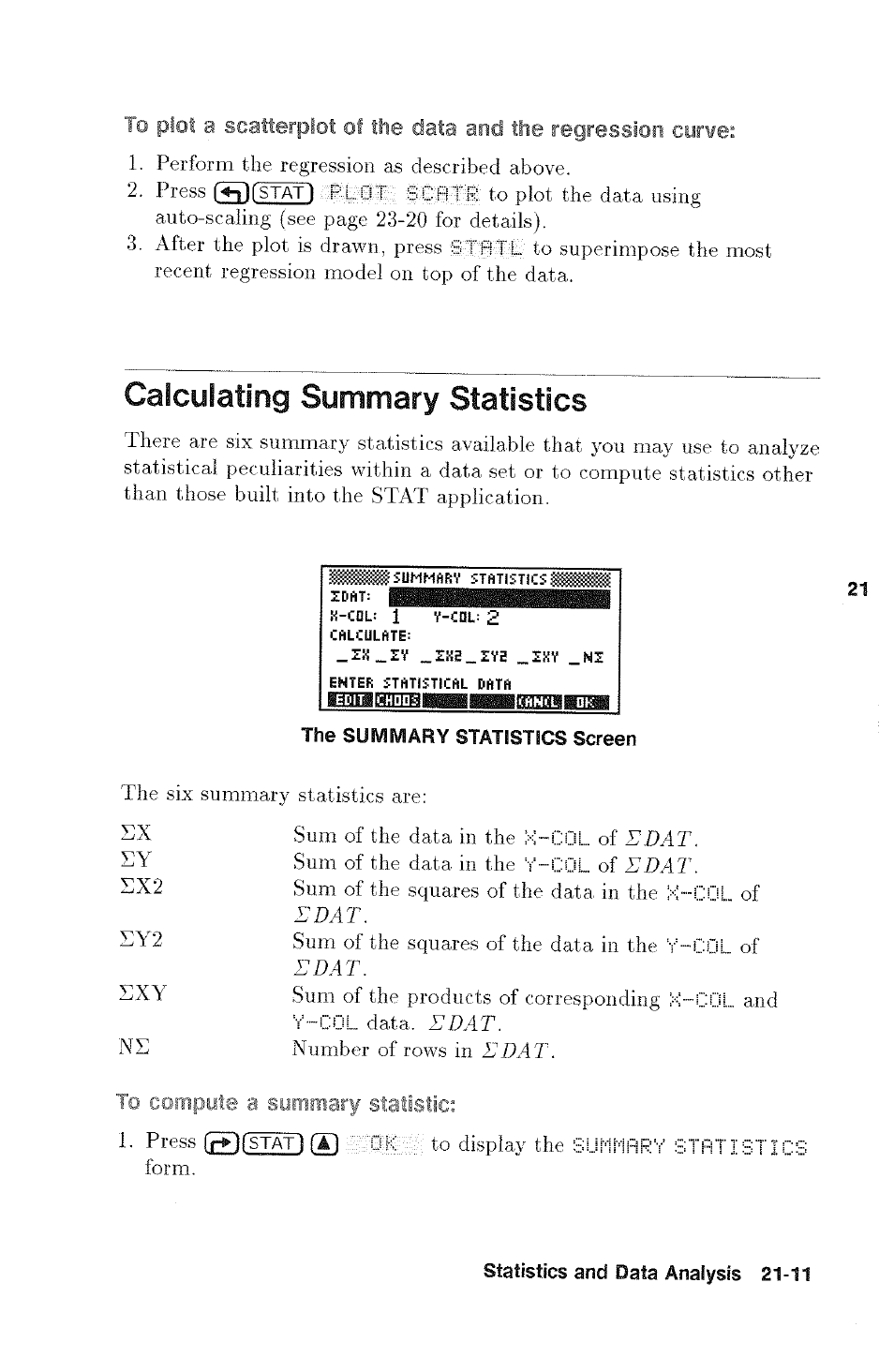 Calculating summary statistics, Calculating test statistics -4, Scatterplot of the data and the regression curve | 2ke_eys | HP 48g Graphing Calculator User Manual | Page 283 / 612