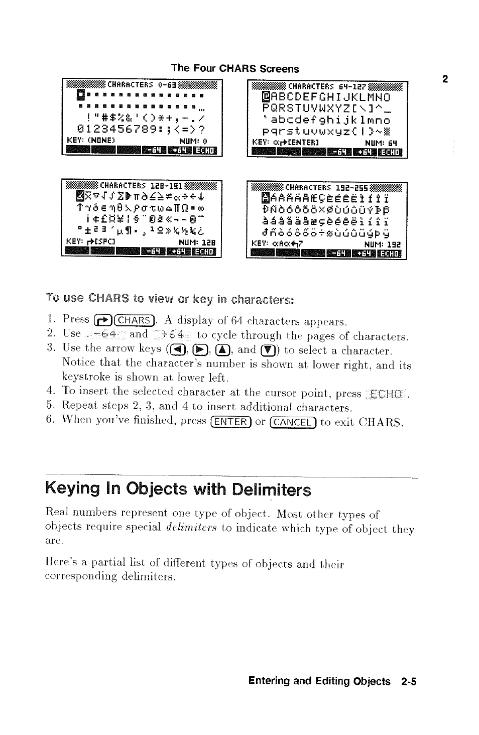H«iiab8iimbiiiagcbia!№iranii, To use chars to view or key in characters, Keying in objects with delimiters | Keying in objects with delimiters -5, Chars, View or key in, Igflecdefghi jklmno, 5^ oi 4- t, Tw ihn a w, Q±23 | HP 48g Graphing Calculator User Manual | Page 29 / 612