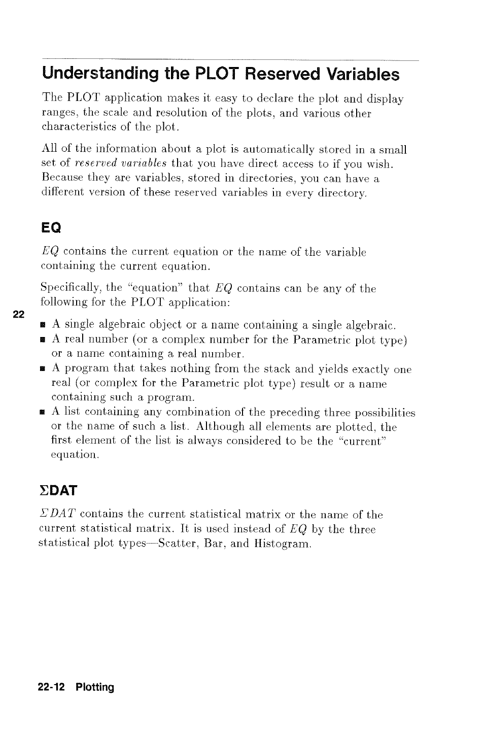 Understanding the plot reserved variables, Sdat, Understanding the plot reserved variables -12 | Eq -12 dat -12 | HP 48g Graphing Calculator User Manual | Page 296 / 612