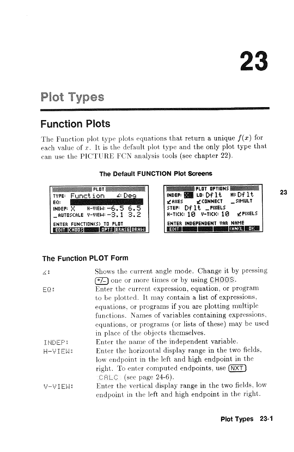 Function plots, The function plot form, Function plots -1 | Plot types | HP 48g Graphing Calculator User Manual | Page 301 / 612