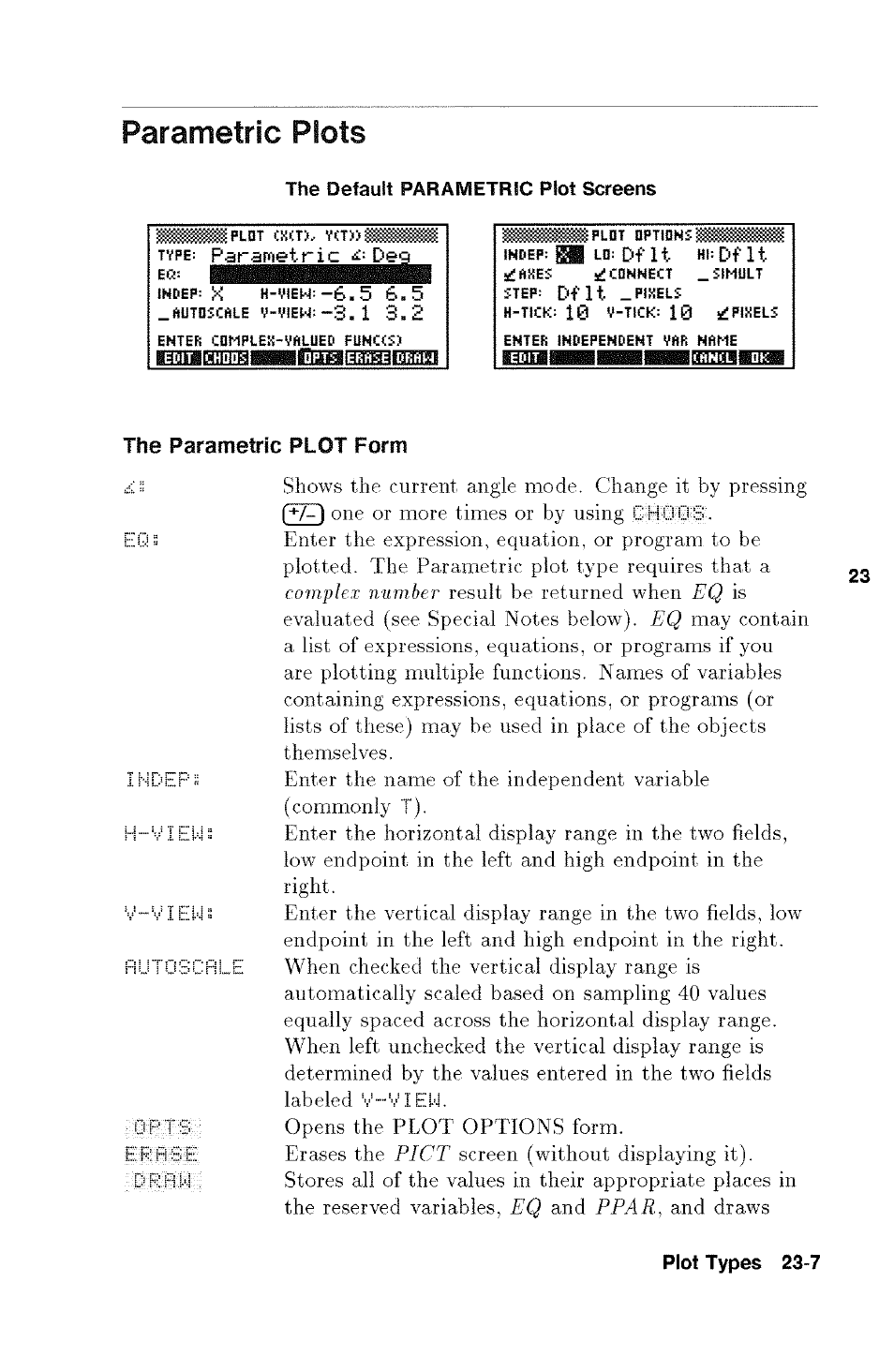 Parametric plots, The parametric plot form, Parametric plots -7 | HP 48g Graphing Calculator User Manual | Page 307 / 612