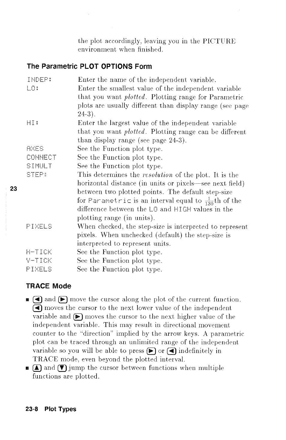 The parametric plot options form, Trace mode | HP 48g Graphing Calculator User Manual | Page 308 / 612