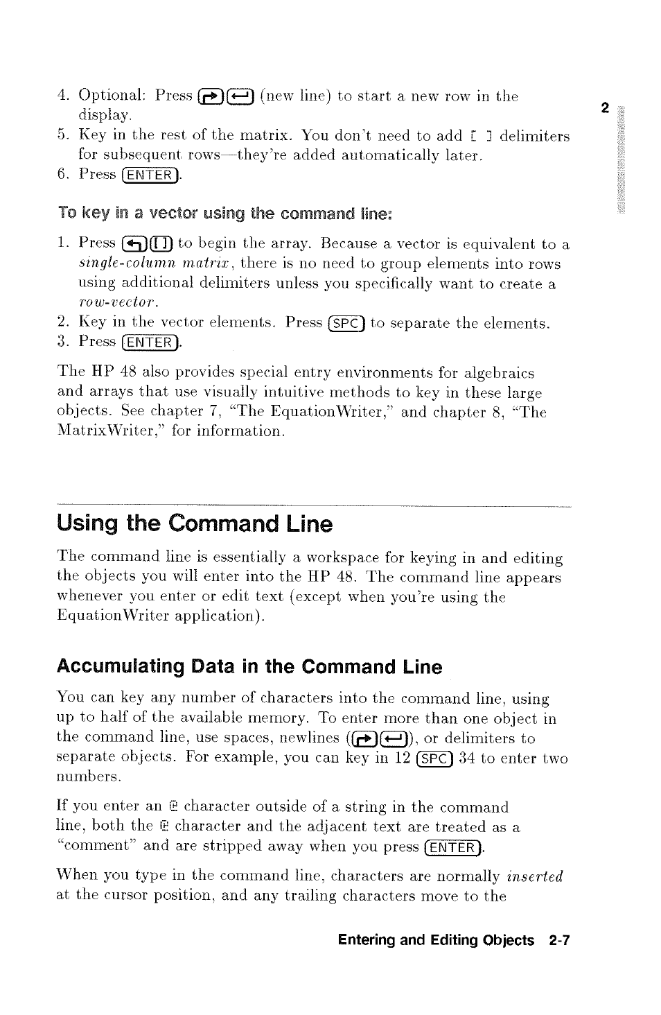 Using the command line, The command line -4, Accumulating data in the command line | HP 48g Graphing Calculator User Manual | Page 31 / 612