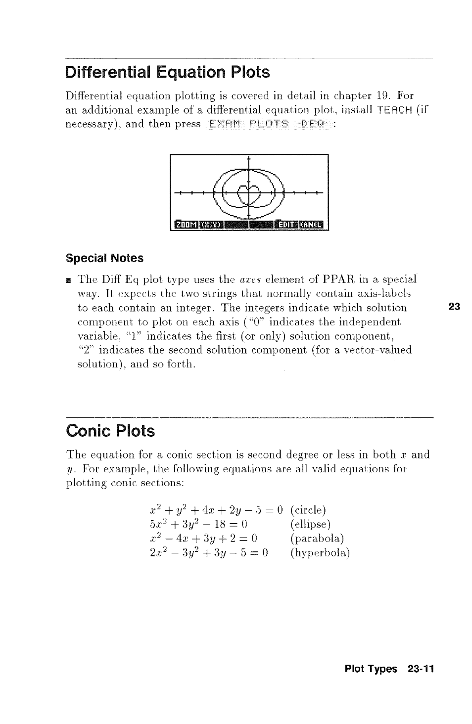 Differential equation plots, Special notes, Conic plots | Differential equation plots -11, Conic plots -11 | HP 48g Graphing Calculator User Manual | Page 311 / 612