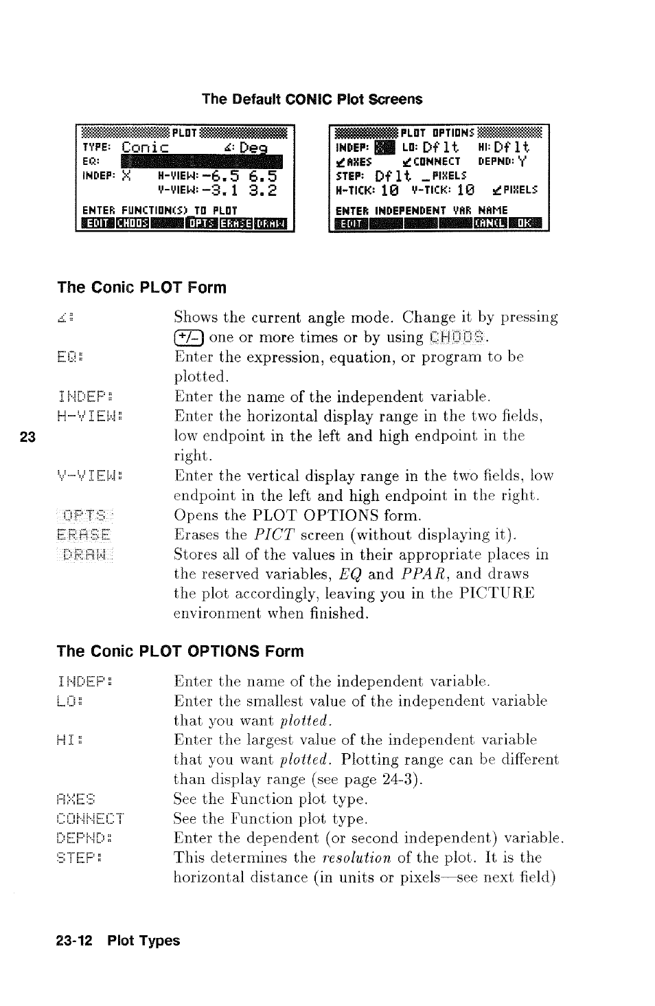 The default conic plot screens, The conic plot form, The conic plot options form | HP 48g Graphing Calculator User Manual | Page 312 / 612