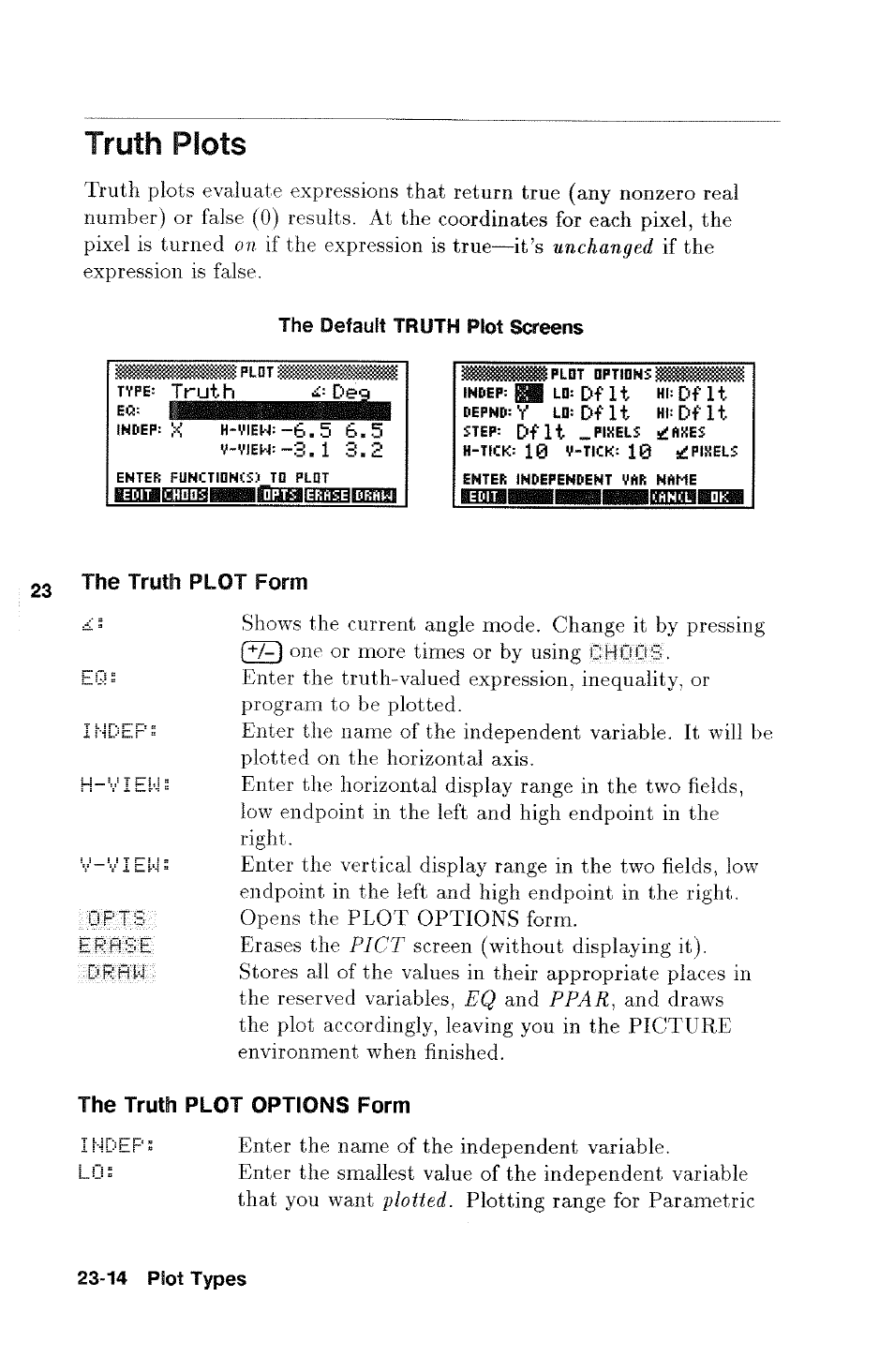 Truth plots, The default truth plot screens, The truth plot form | The truth plot options form, Truth plots -14 | HP 48g Graphing Calculator User Manual | Page 314 / 612